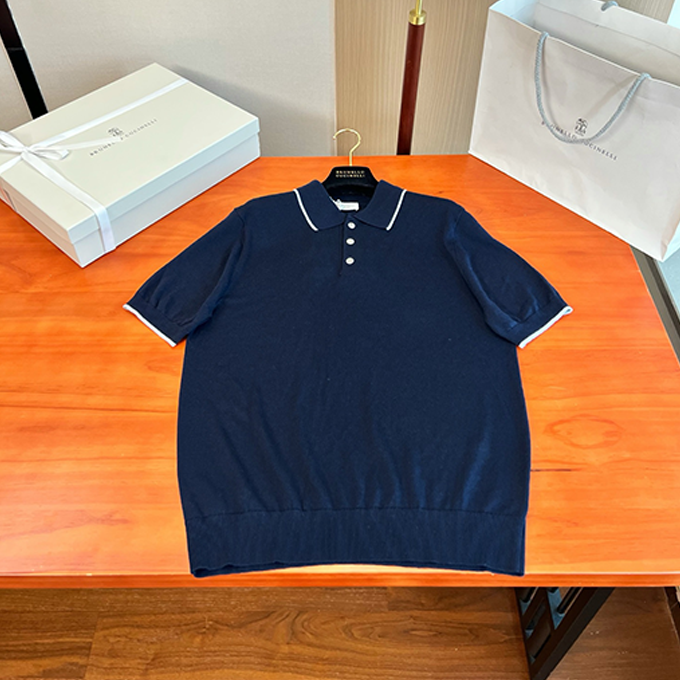 brunello cucinelli fine knit contrast trim short sleeve polo shirt